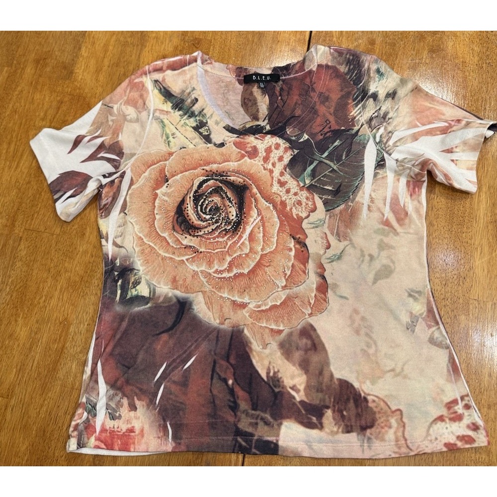 Bleu Comfy T Shirt Womens Orange Fairy Rhinestone Floral Lace Whimsy Knit XL